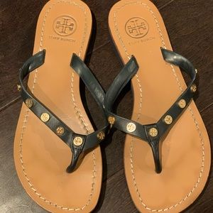 Tory Burch Ricki Flip Flops- Navy with Gold Studs